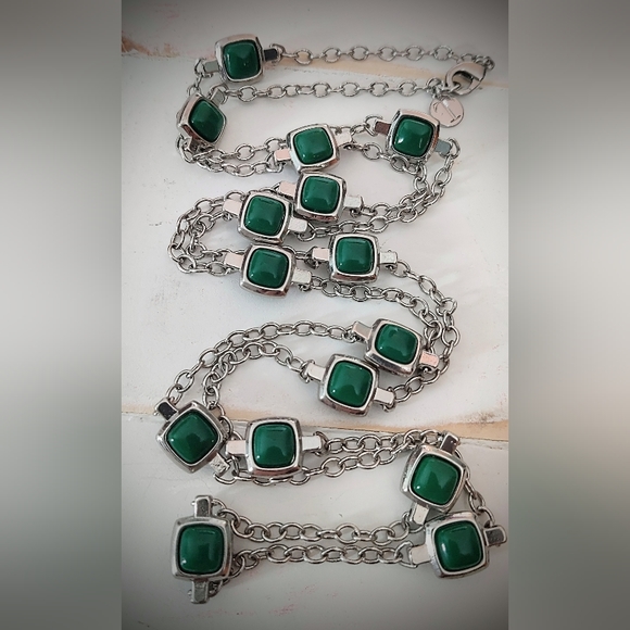 Talbot Long Necklace Silver Tone And Shamrock Green Square Faux Stones - Picture 7 of 12
